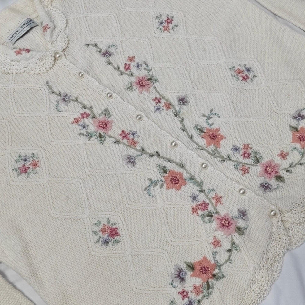 Carolyn Taylor Cream Cardigan with Pink Floral Embroidery - Picture 3 of 6
